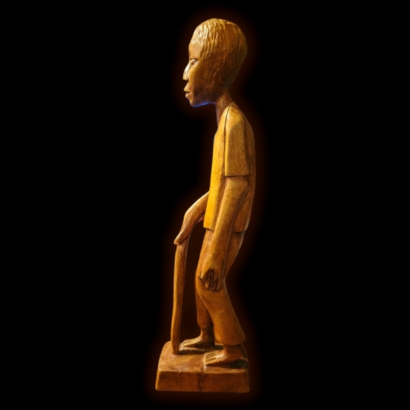 Vtg Hand Carved Wooden Sculpture Art Statue Man Came Walking Stick Barefoot - Picture 2 of 4